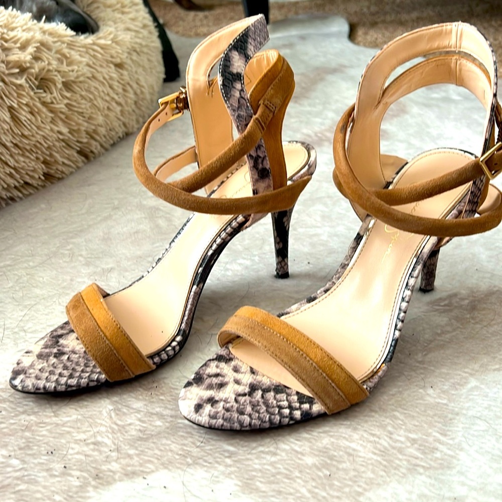 Snake skin print and suede 3 1/2 inch heels by Jessica Simpson